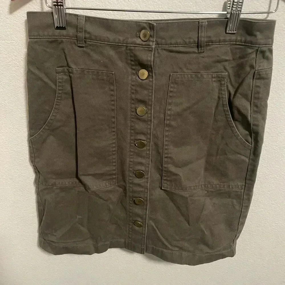 Loft Olive Green‎ Denim Straight Pencil Mini Button Skirt Mid Rise Women Size 0
